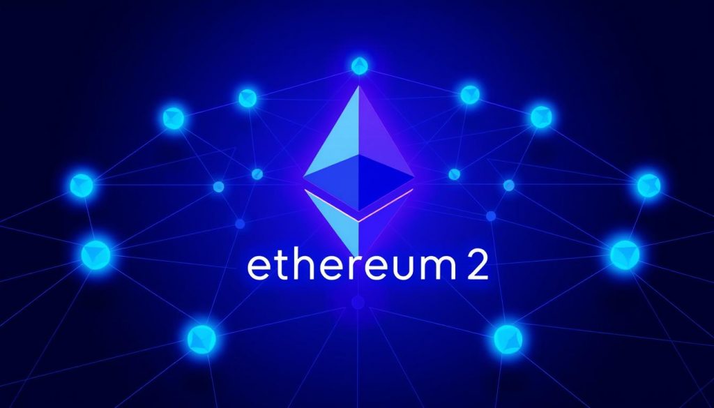 Логотип Ethereum 2.0 с визуализацией обновленной сети и масштабируемых решений Логотип Ethereum 2.0 с визуализацией обновленной сети и масштабируемых решений
